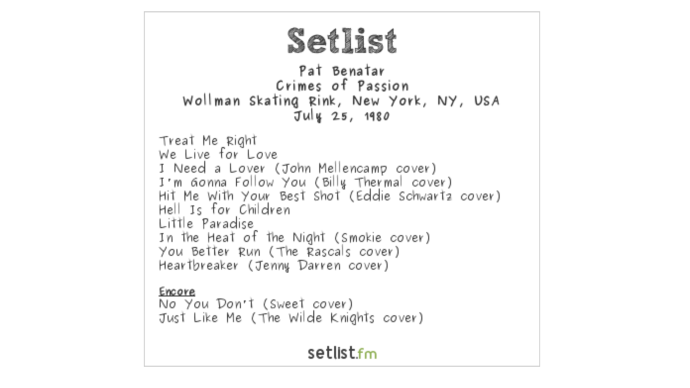 Setlist History Pat Benatar Debuts "Hell is for Children" in NYC